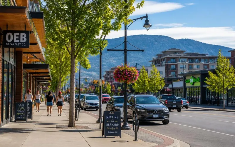 Street-level view of Springfield in Kelowna, BC — tree-lined retail corridor with shops and mountain backdrop